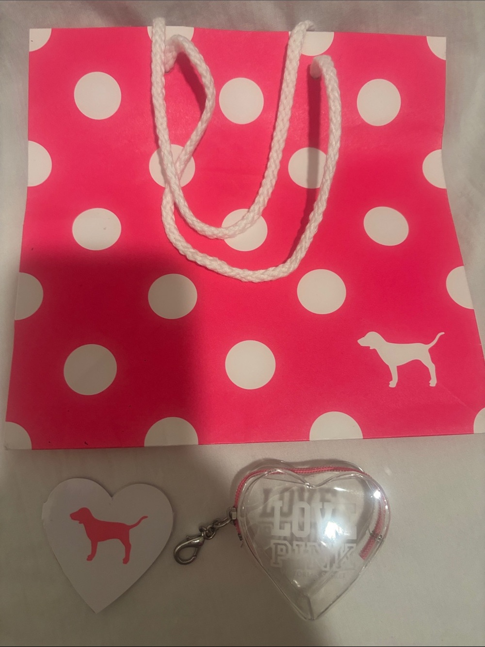 PINK Victoria's Secret Clear Heart Pouch with Pink Trim + Polka Dot Gift Bag - Picture 6 of 7